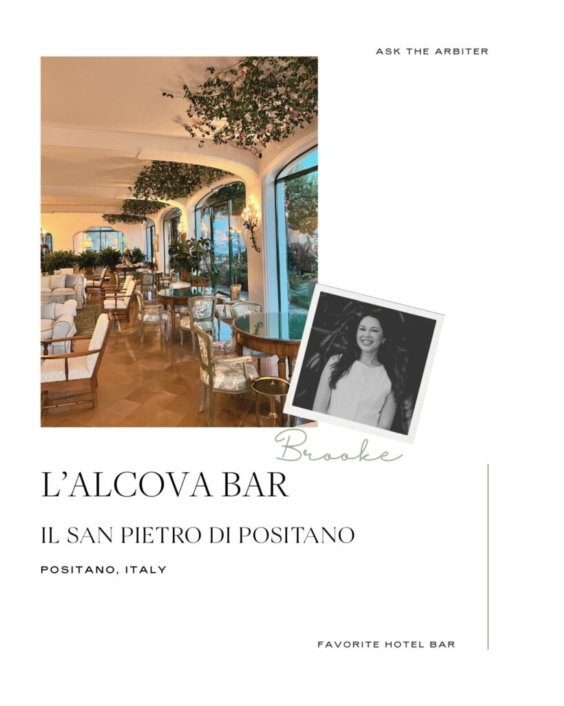 Brooke Brackett's favorite hotel bar: L'Alcova Bar at Il San Pietro di Positano, Italy